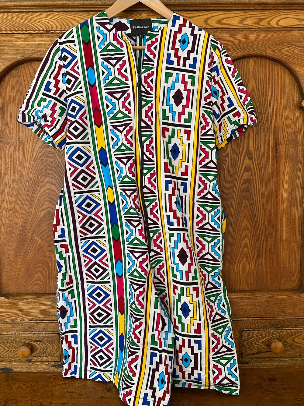 TribalbyN white geometric print Candace zipper romper shorts jumpsuit L colorful
